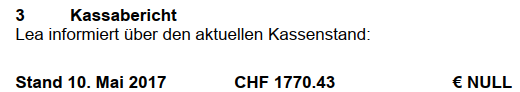 Auszug aus dem Protokoll. Das CHF-Konto hatte Fr. 1770.43 und das Euro-Konto war leer. 
